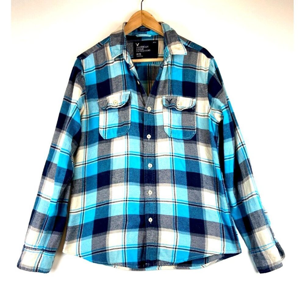 American Eagle Outfitters Men's Athletic Fit Blue Plaid Flannel Shirt Si…